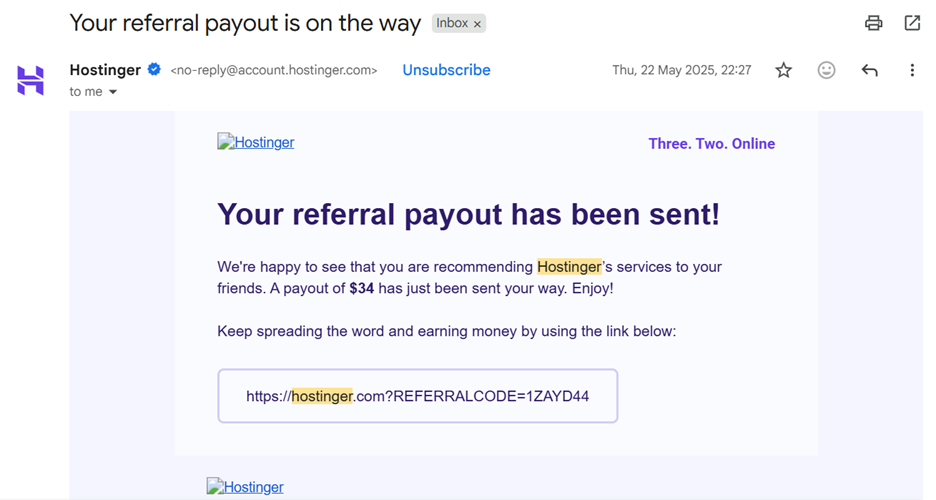hostinger affiliate commission payout email for Zayd Ahmad